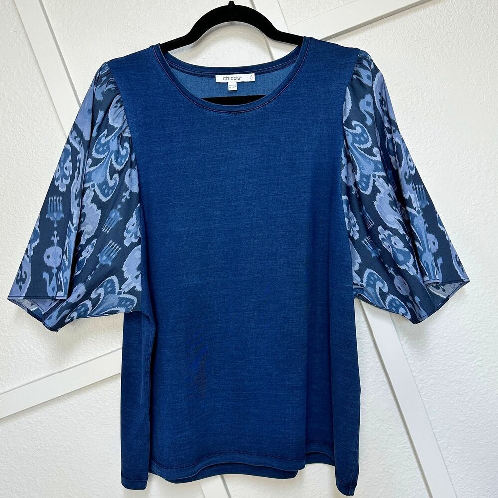 Chico's Indigo Ikat Print Puff Sleeve Top Artsy Scoop Neck Large Soft Relaxed